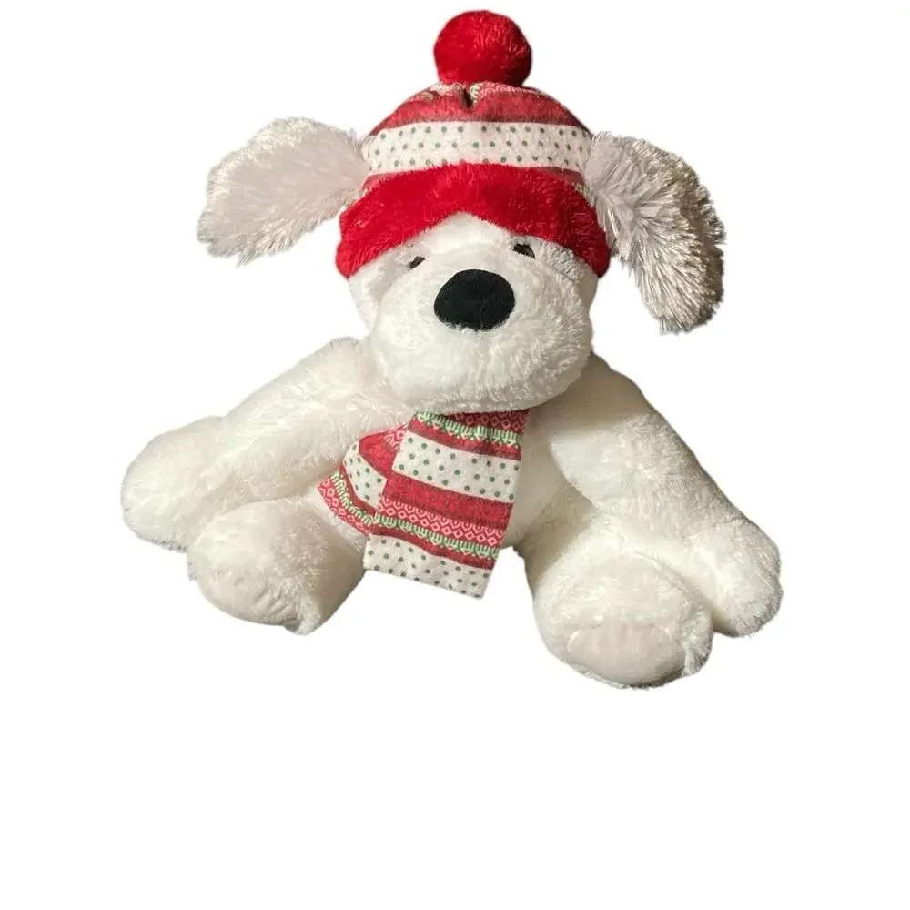 Hugfun White Gray Plush Puppy Dog Joey w/ Hat & Scarf‎ Stuffed Animal